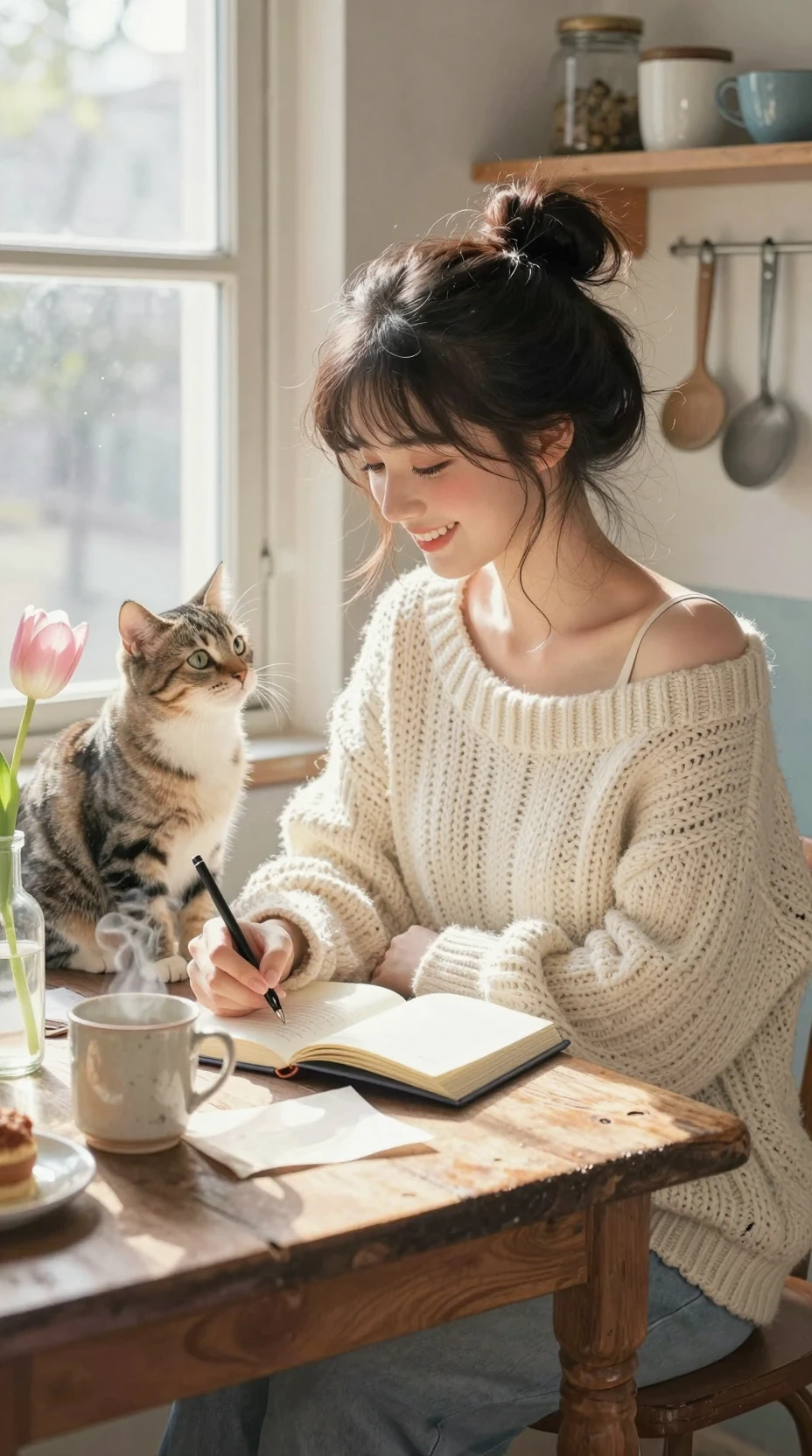 Warm anime morning with woman writing by window