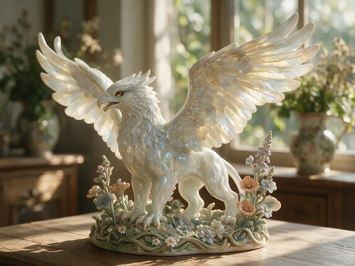 Porcelain gryphon sculpture with outstretched wings on ornate base