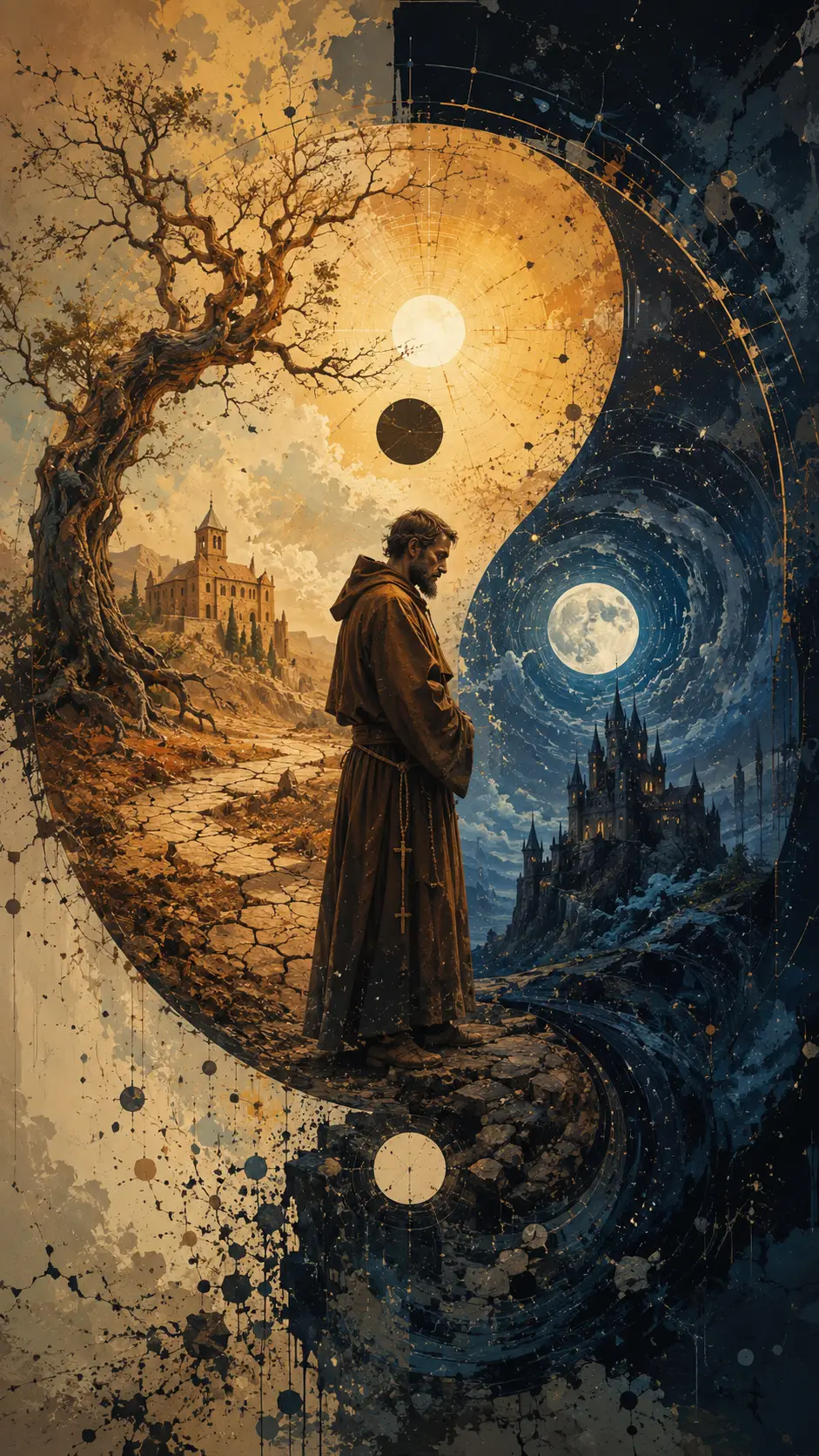 Irischer Mönch in einer surrealen Yin-und-Yang-Landschaft