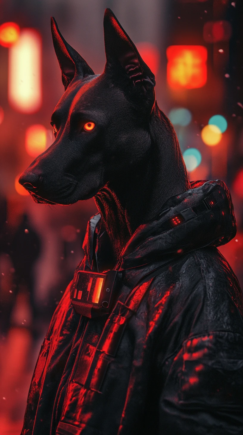 Doberman sem coleira parado em uma rua urbana tensa