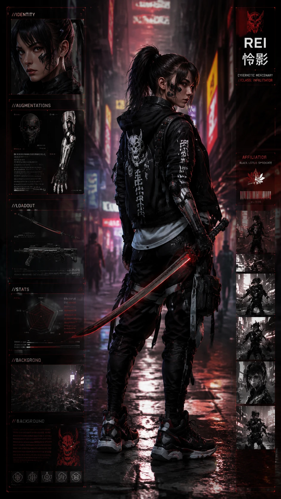 Mercenário cyberpunk em beco futurista neon à noite