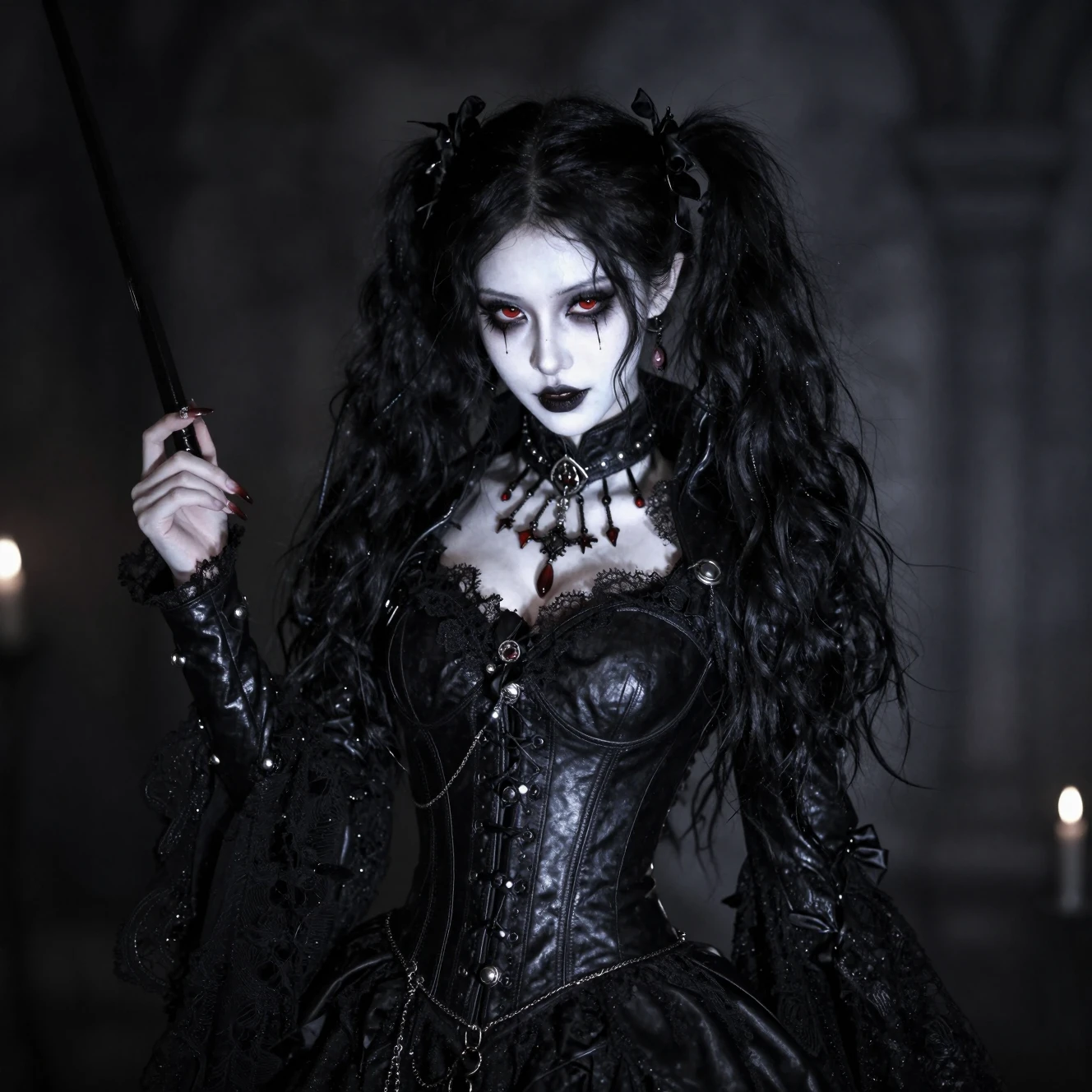 Ladra vampira sombria com olhos vermelhos e magia das sombras