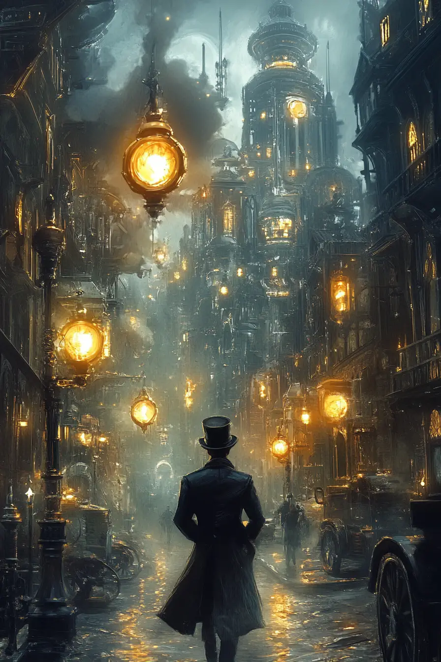 Victorian steampunk gentleman walking through golden city streets