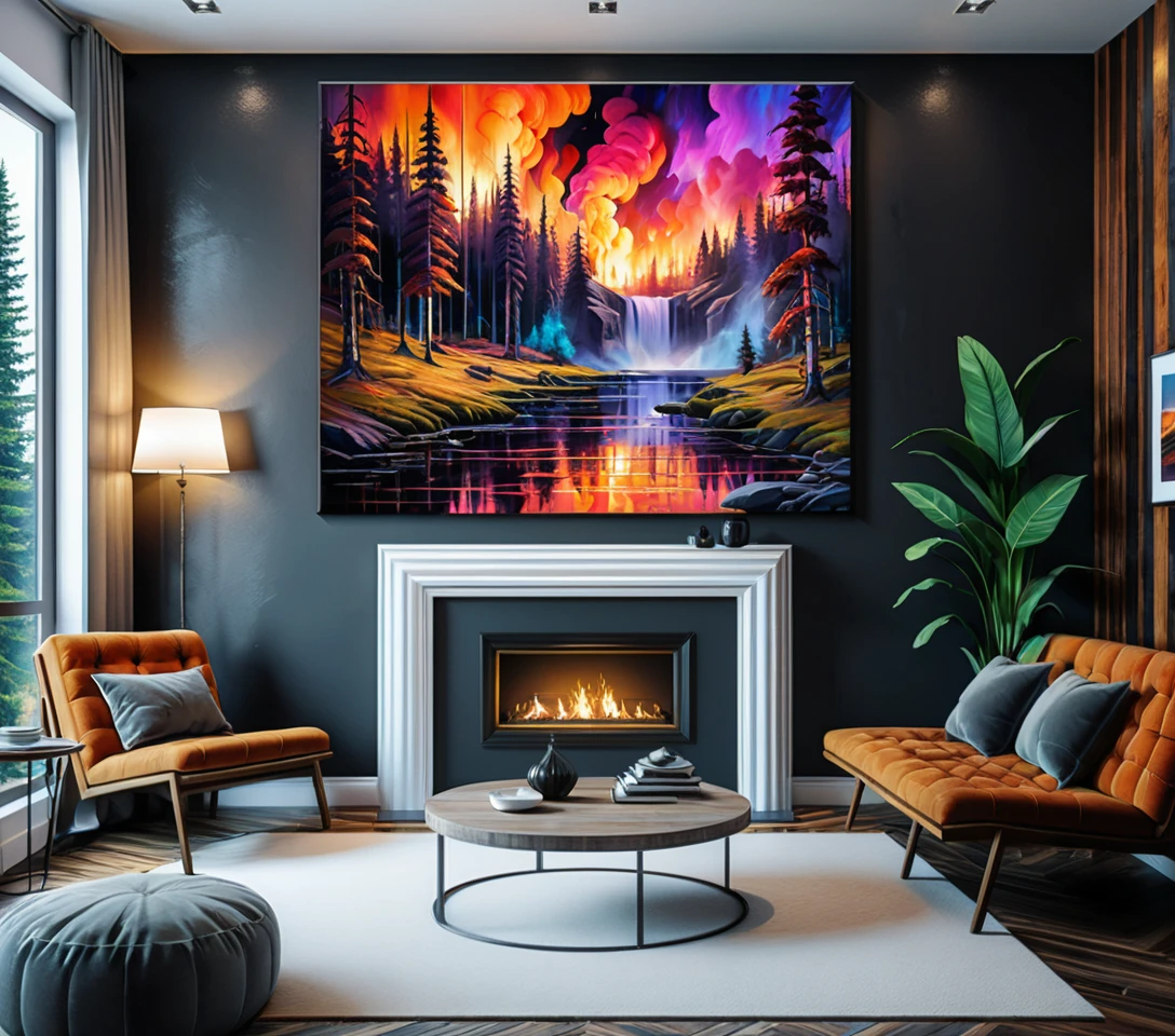 Sala de galería de fantasía oscura con pared de cuadros enmarcados