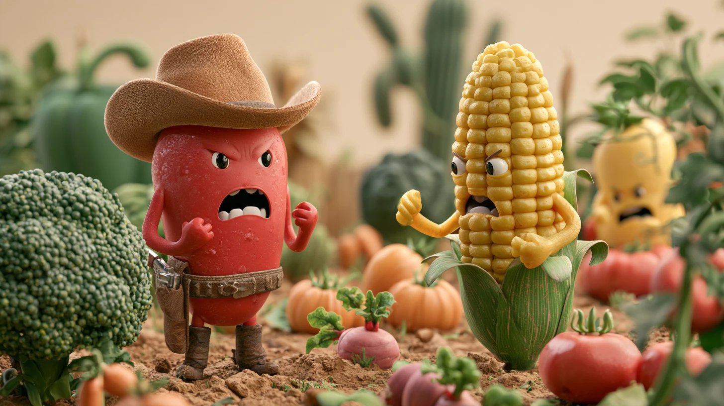 Peperoncino cowboy cartoon che urla a un mais arrabbiato nel giardino