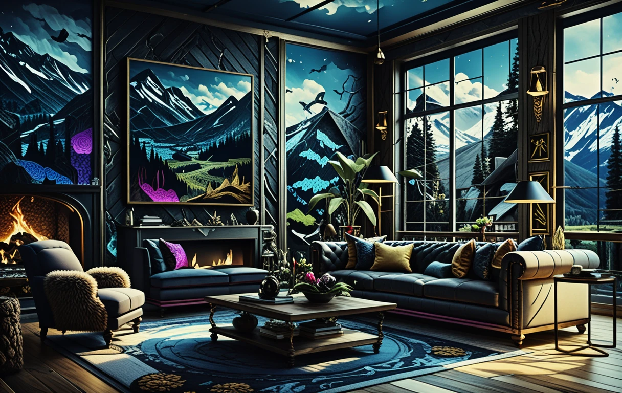 Dark fantasy gallery room with Montana forest fire paintings
