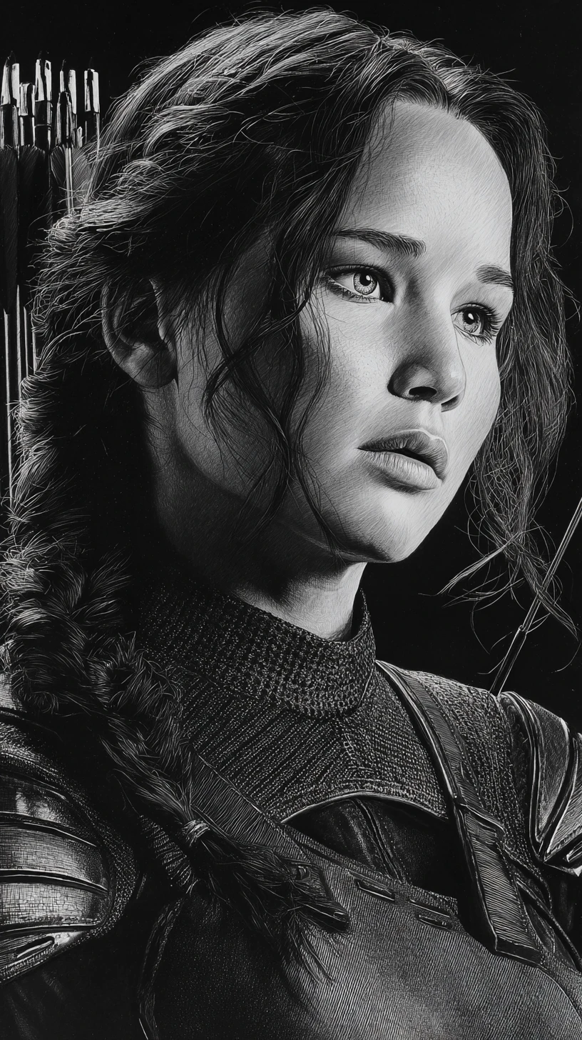 Graphite portrait of a determined armored archer woman in profile