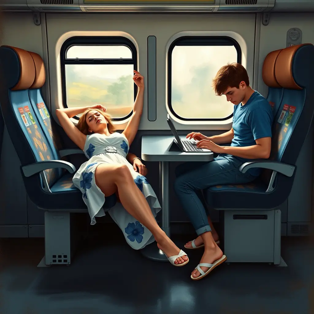 Donna di mezza età che riposa in treno in stile pittura a olio