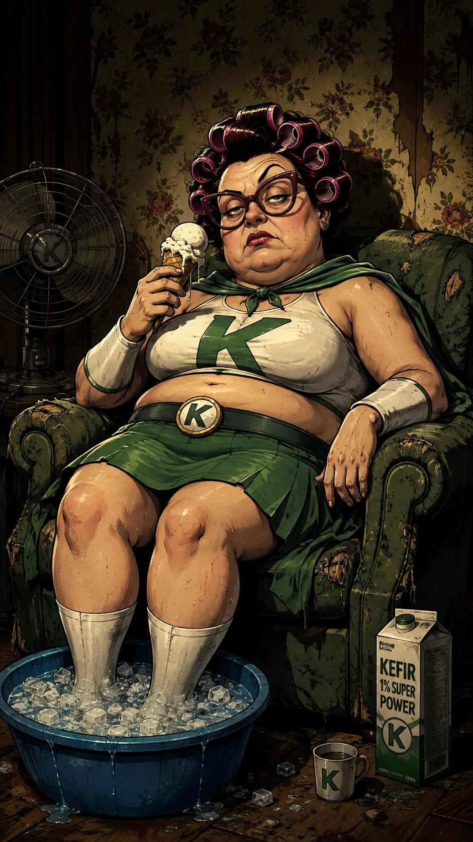 Super-heroína do kefir cansada com bobs e óculos