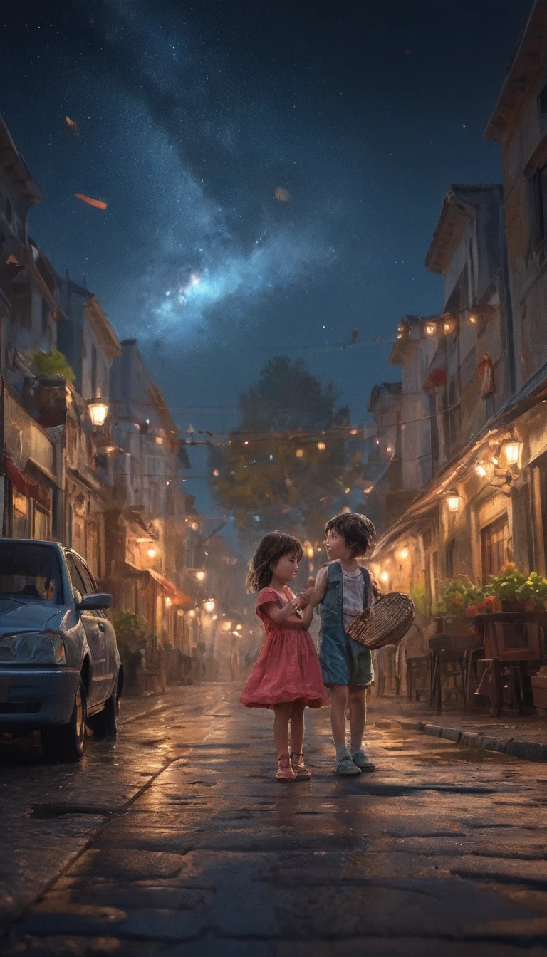 Toddlers Dancing Joyfully At A Nighttime Crossroad