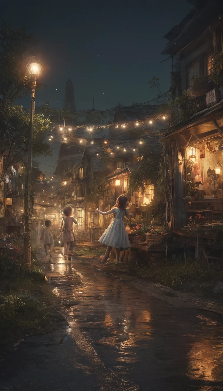 Toddlers Dancing At A Night Crossroad With Sparkling Star Basket