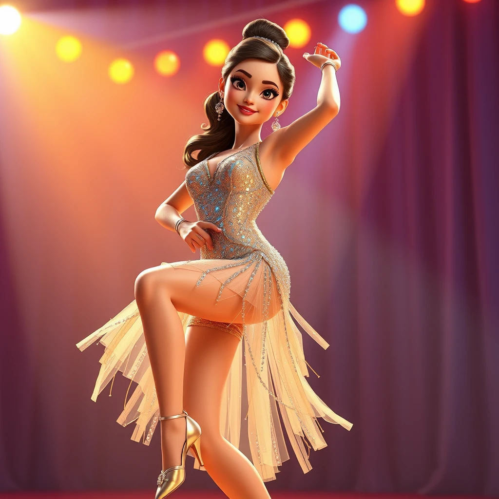 Glamorous dancer posing in sparkling costume on stage