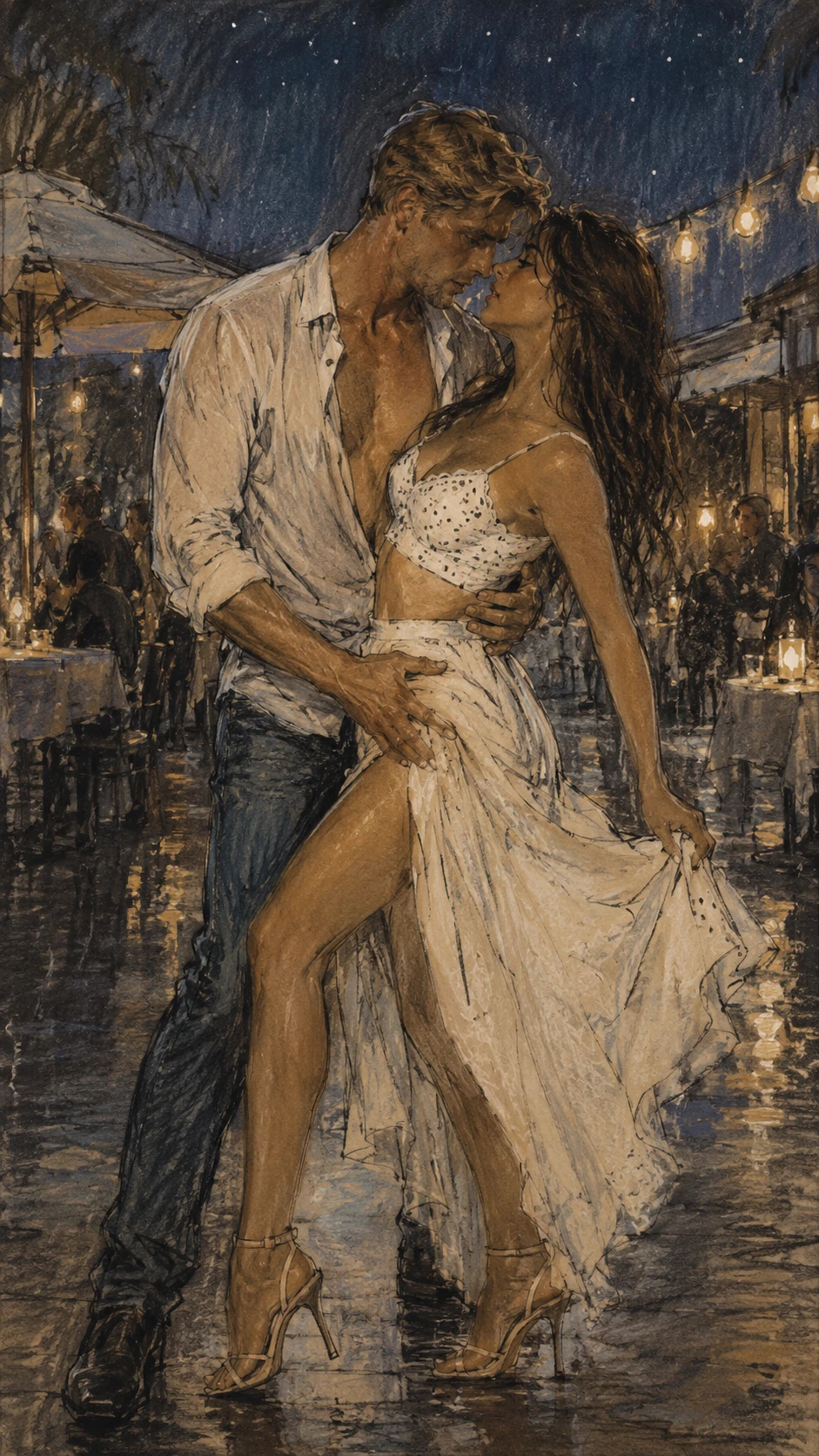 Couple dancing on a rainy night under glowing city lights