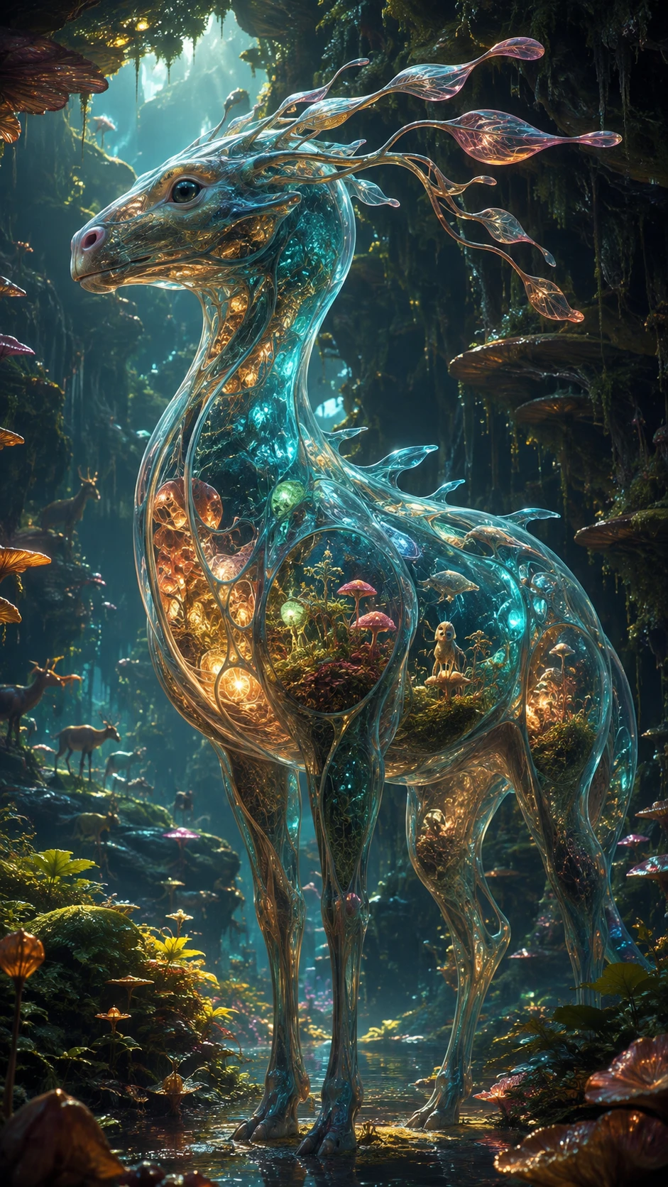 Herbivore alien translucide illuminé par une vie symbiotique intérieure