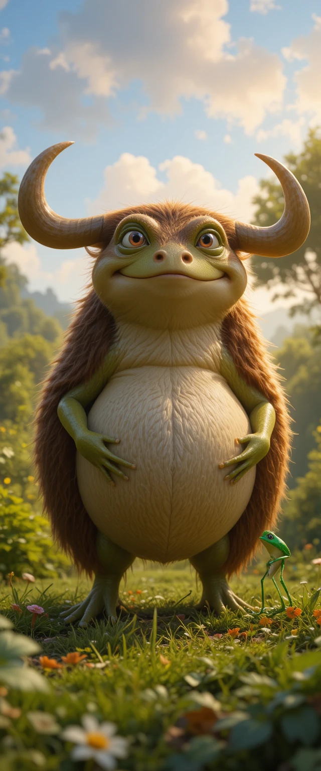 Sapo em estilo Pixar inflando ao lado de um boi calmo no prado