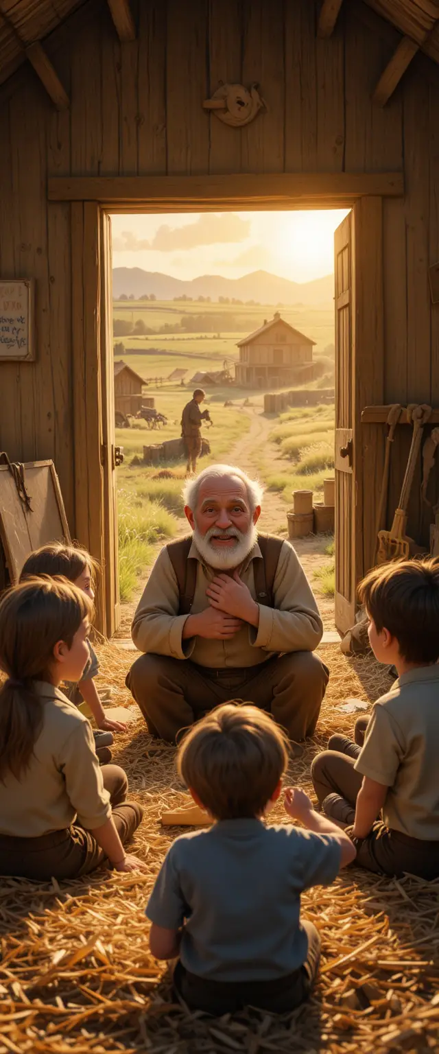 Pixar style farmer father teaching his three children