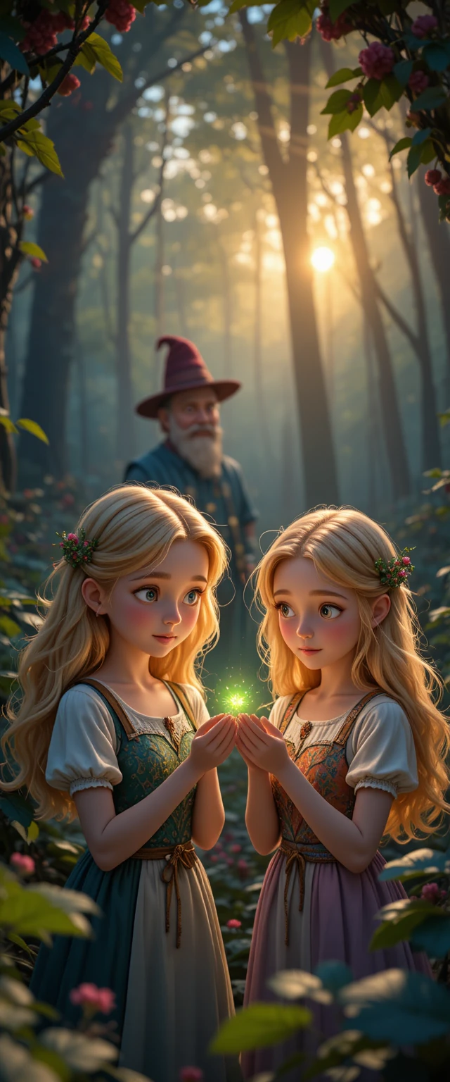 Two sisters holding a tiny green worm in a sunset forest