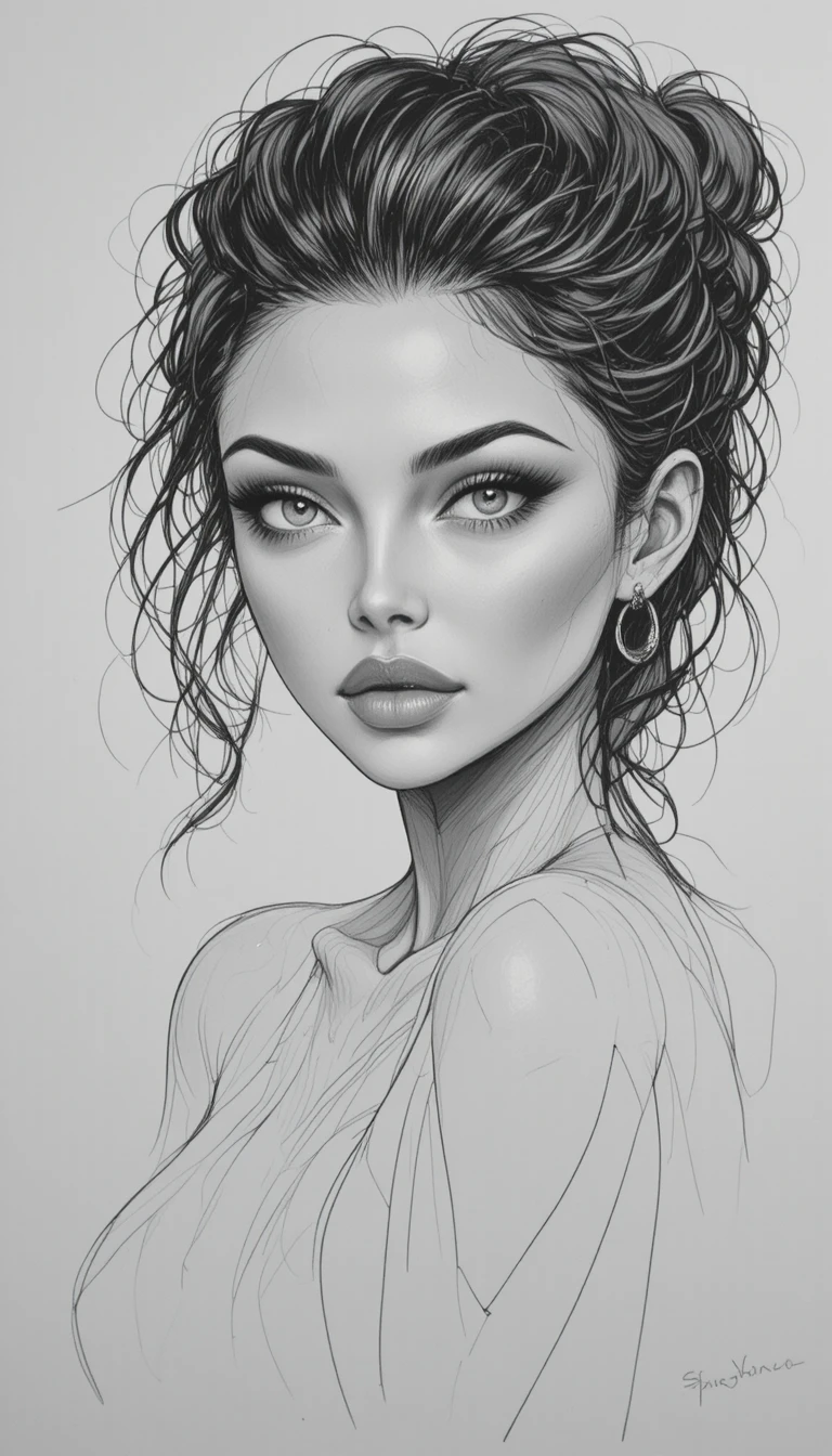 Detailed black and white pencil sketch with clean contours