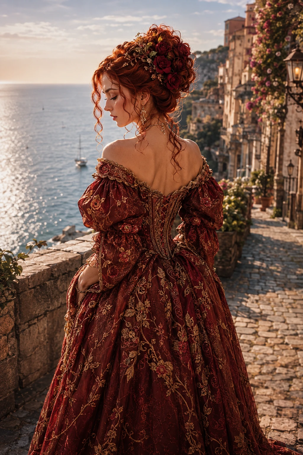 Woman in baroque dress overlooking the distant ocean