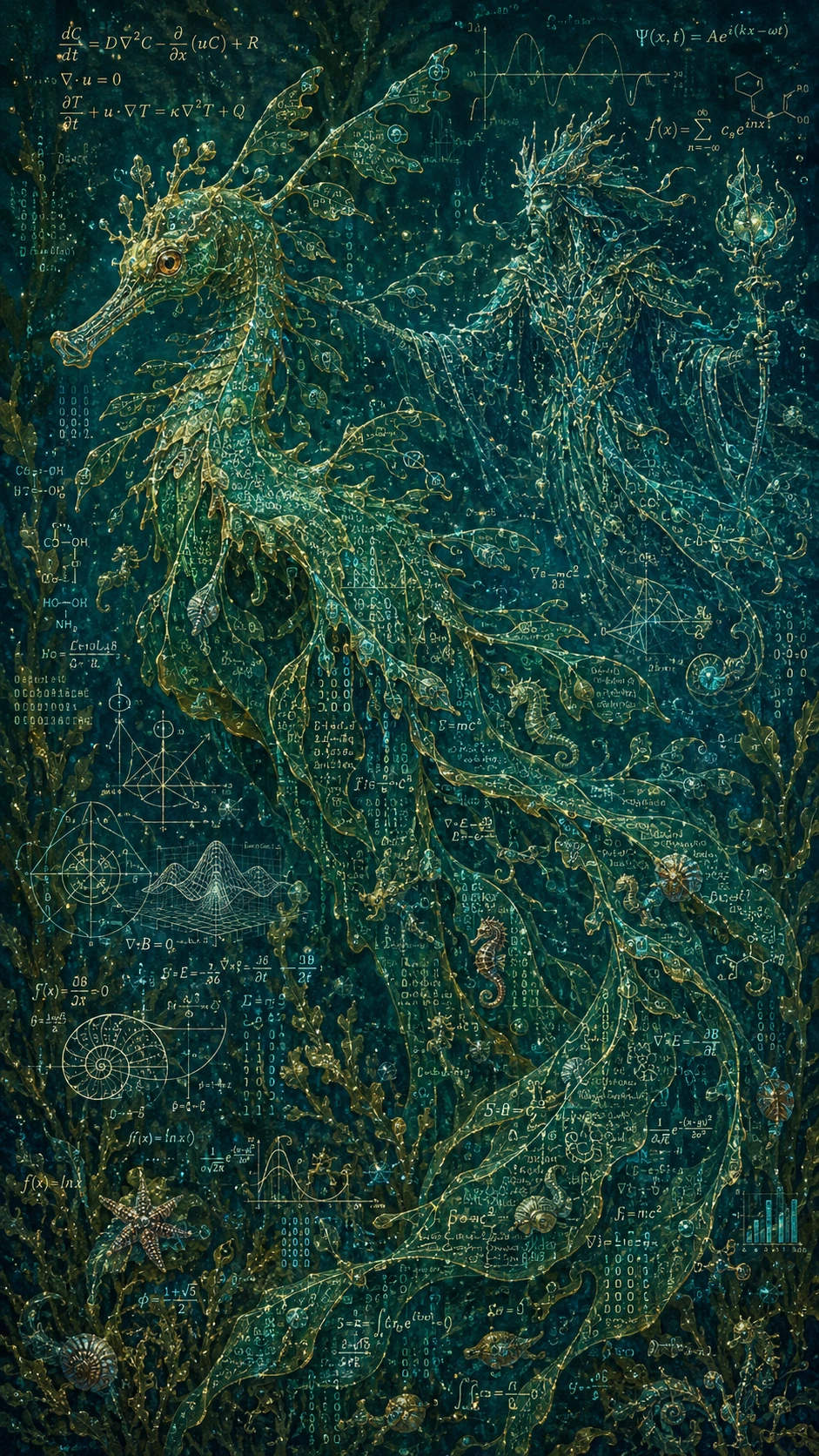 Leafy sea dragon made of formulas and flowing data