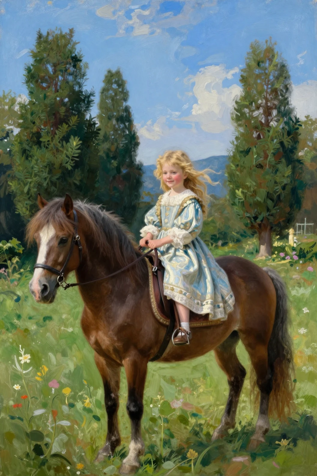 Impressionistisches Porträt eines jungen Mädchens auf einem Pony