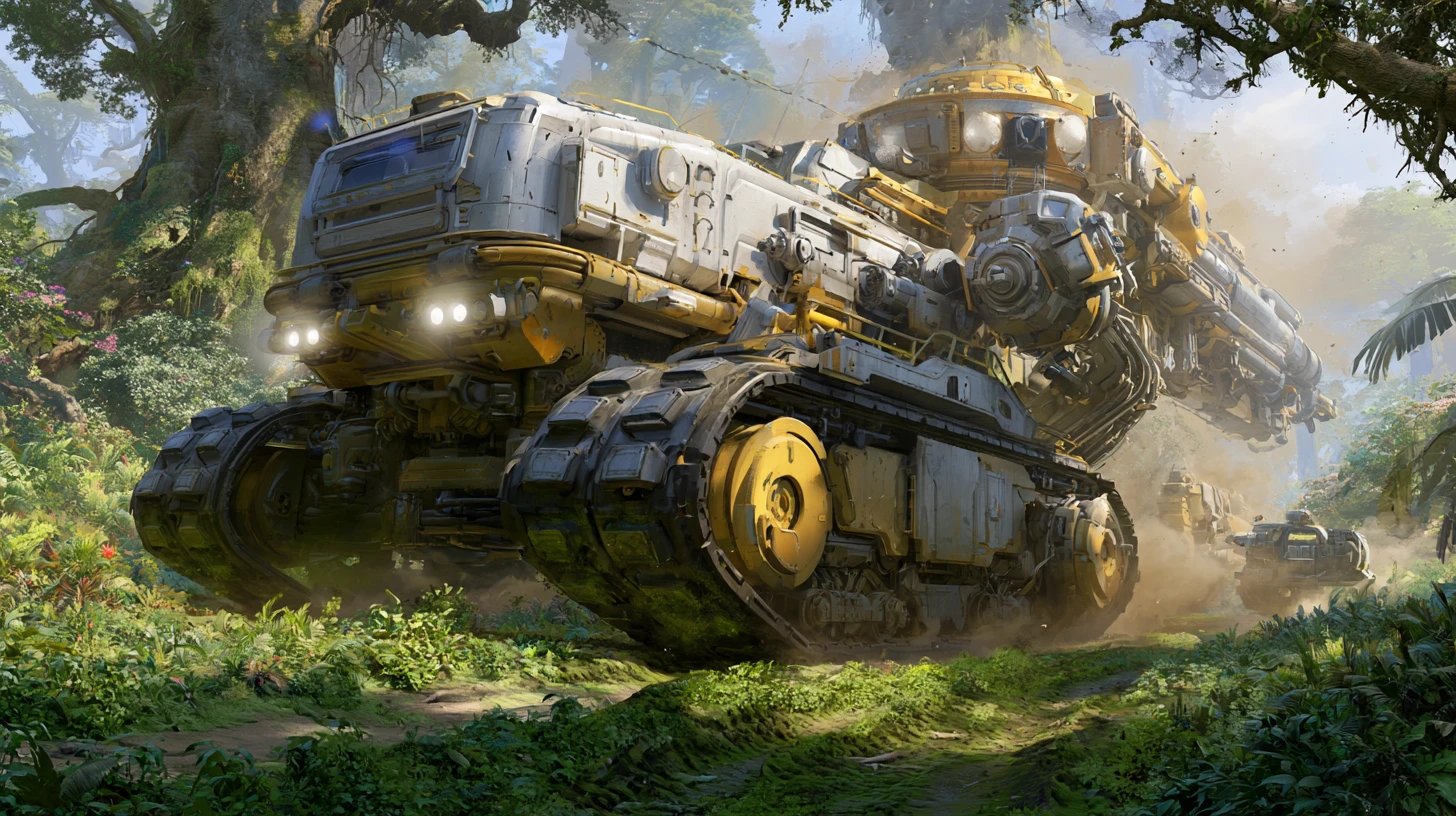 Gigantic sci fi mining rig crossing a lush alien jungle