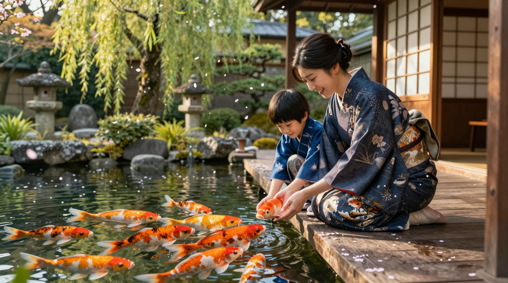 日籍女子與男孩在木造緣側餵鯉魚
