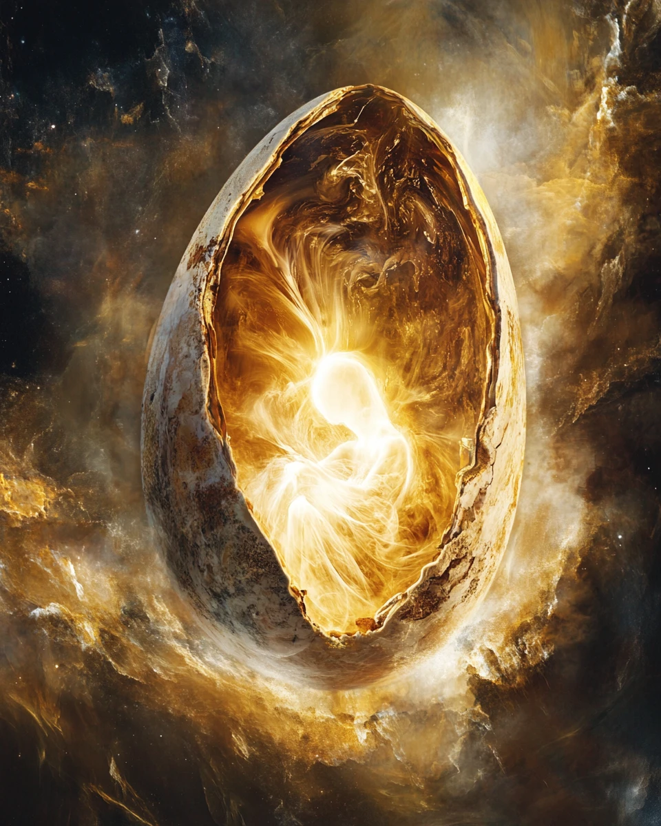 Fragile forme humaine émergeant d’un œuf cosmique lumineux