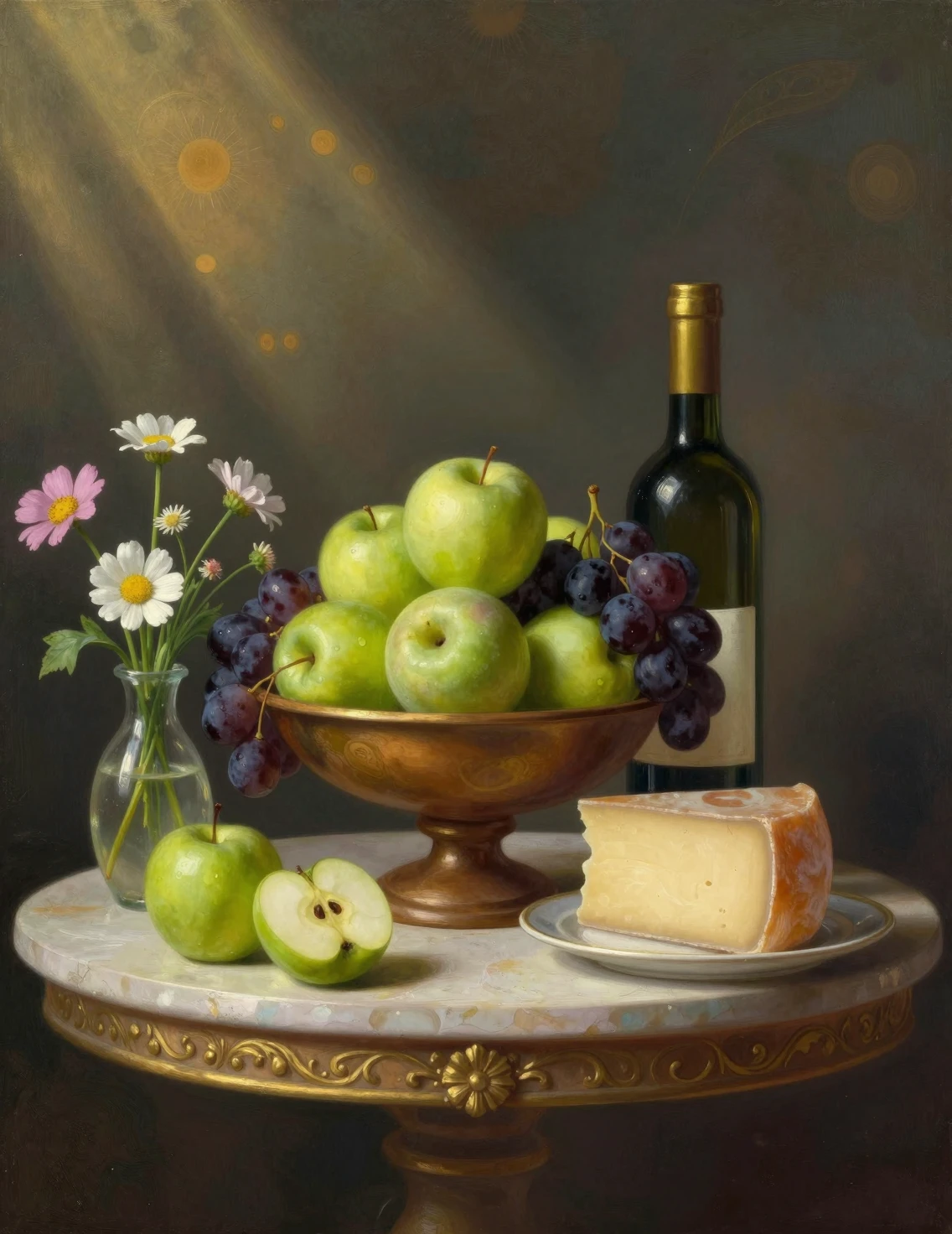 Natura morta impressionista con frutta, vino e fiori di campo