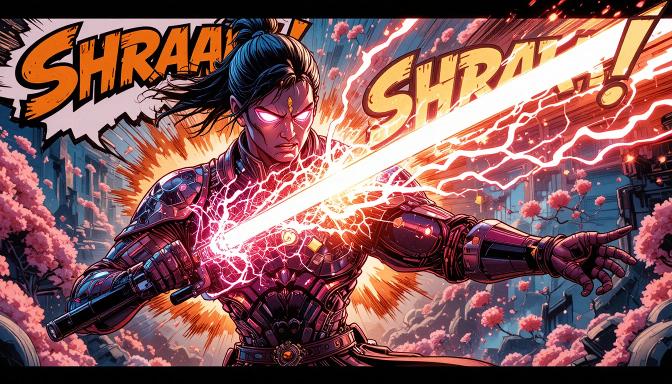 Super-herói samurai cibernético cortando painéis de quadrinhos elétricos