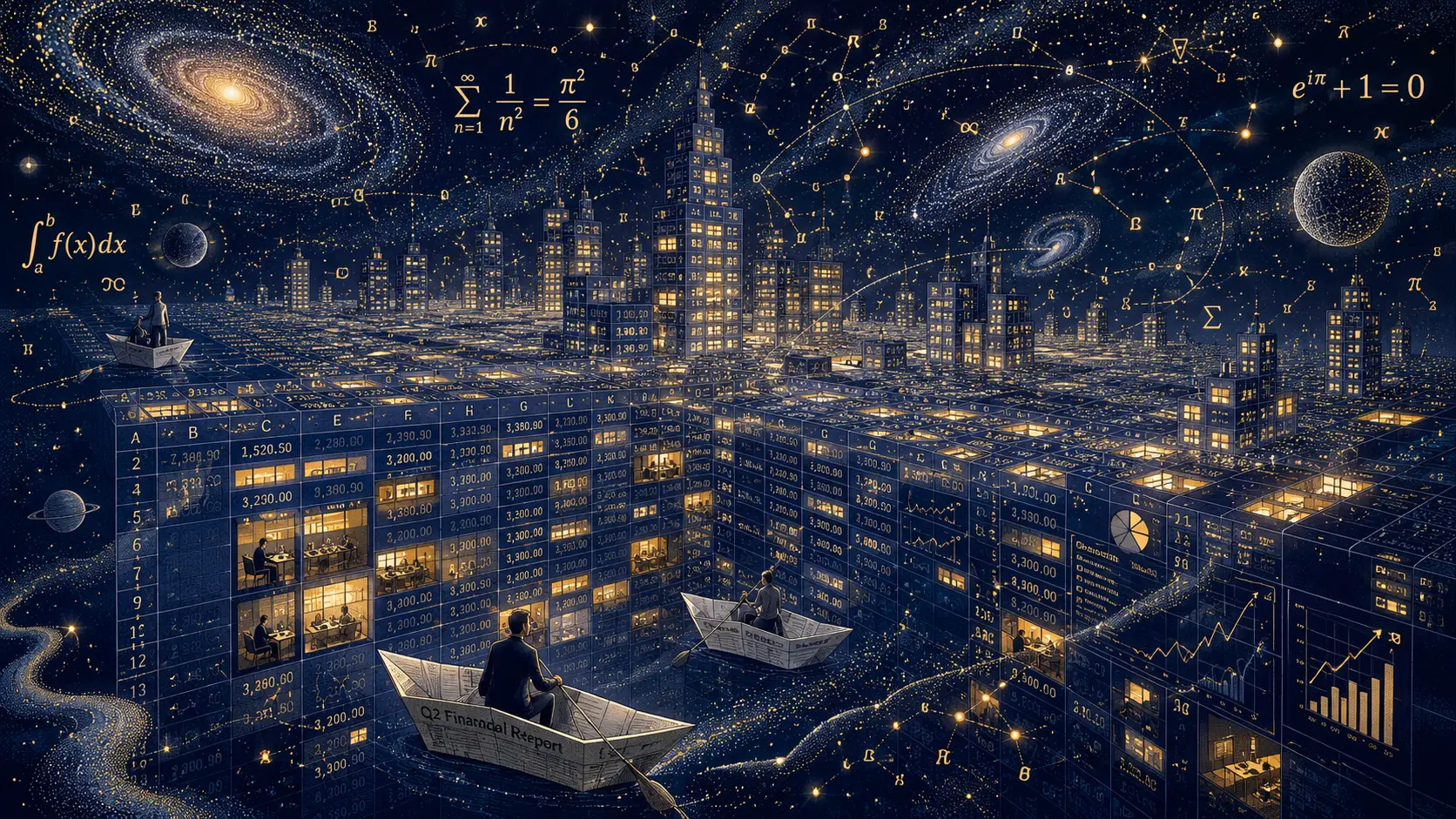 Surreale kosmische Stadt aus schwebenden Tabellenfenstern im All