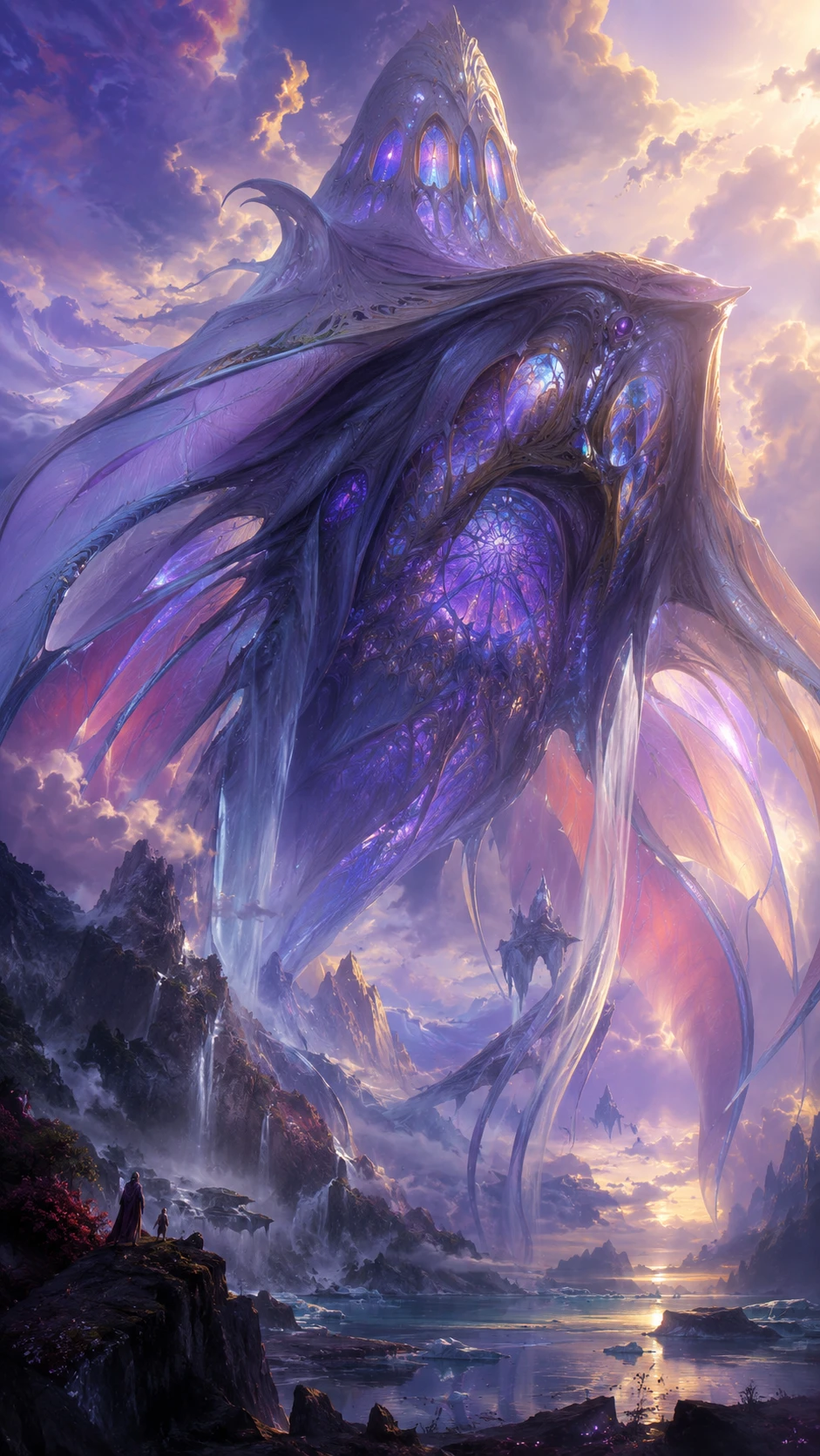 Colossal Alien Manta Creature Above Atmospheric Landscape