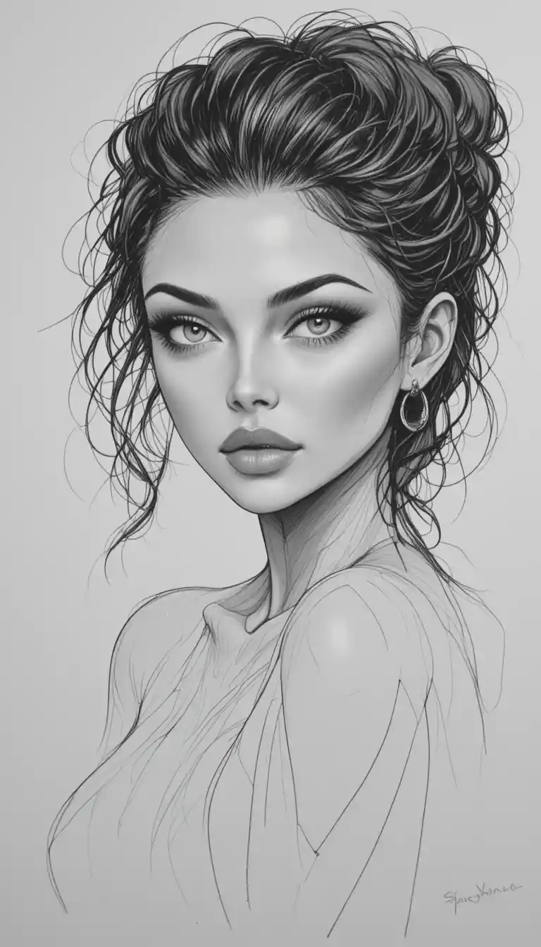 Detailed black and white pencil sketch with clean contours