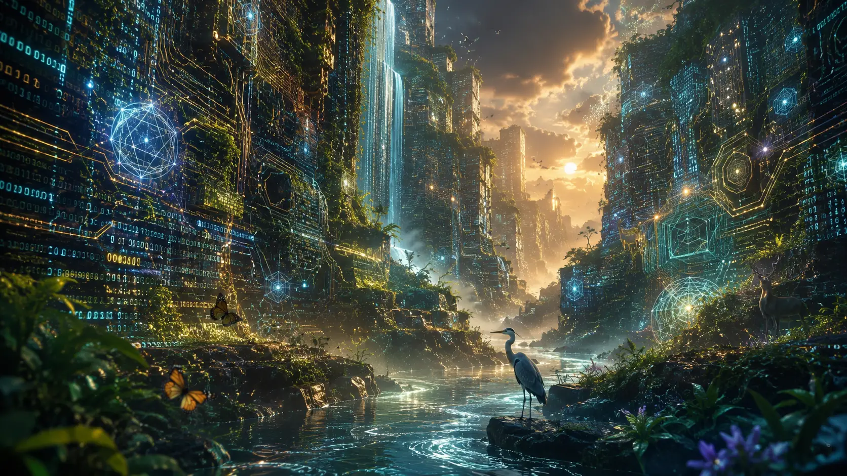 Cinematic digital canyon of flowing data and living vines
