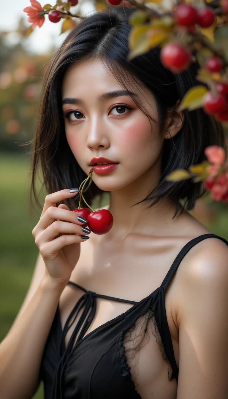 Woman holding red cherries near glossy parted lips