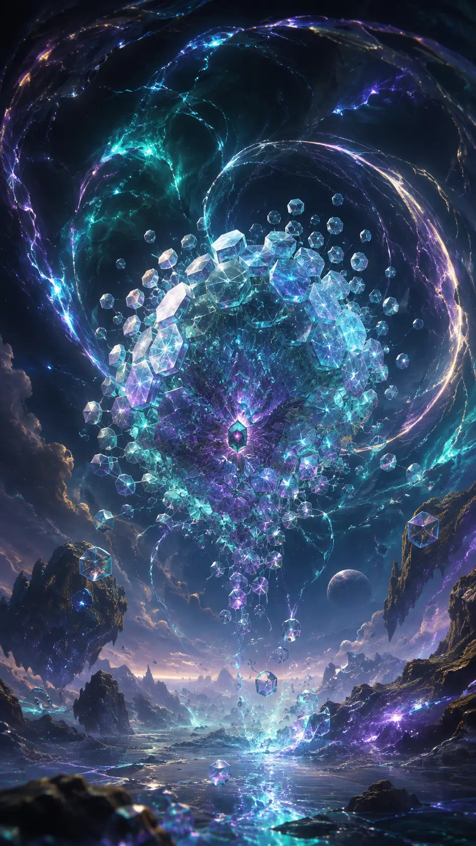在宇宙中漂流的生物發光外星六角殖民地