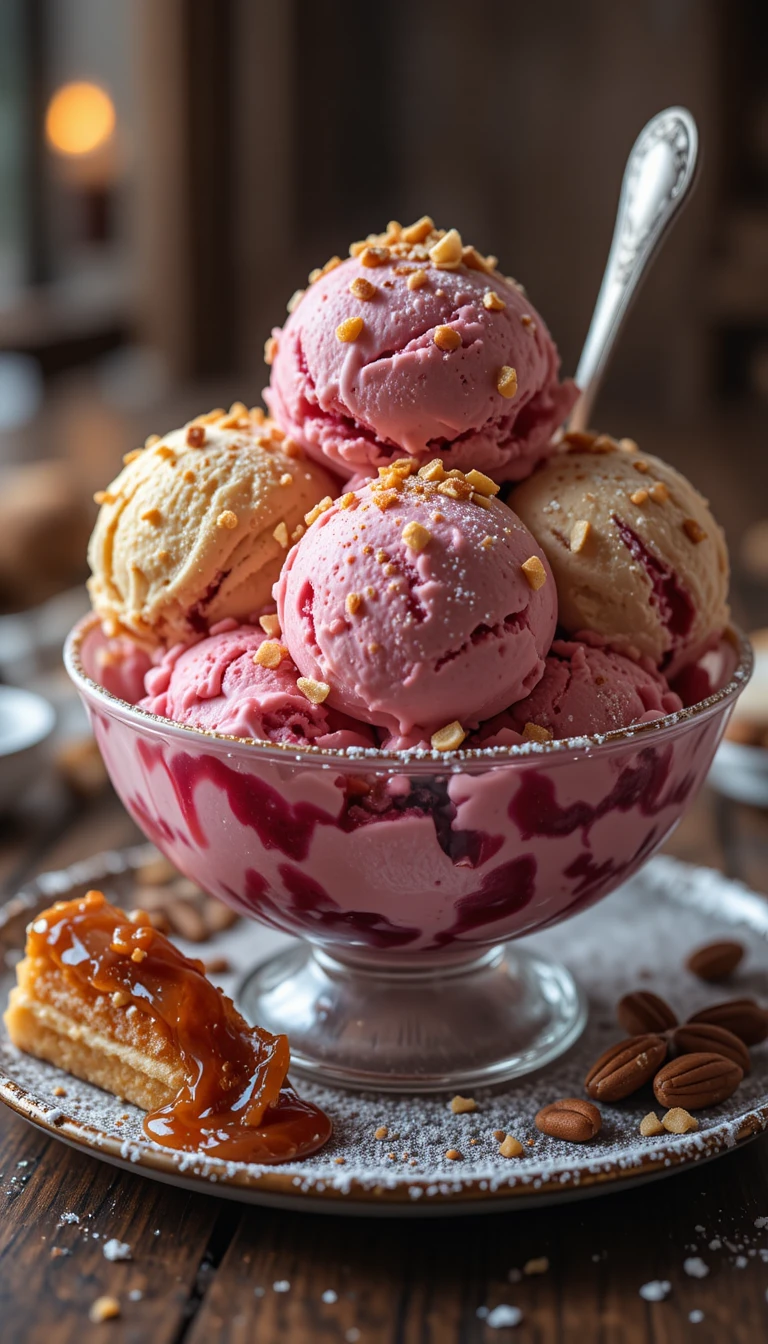 Close up dessert bowl of ice cream with nuts and sweets