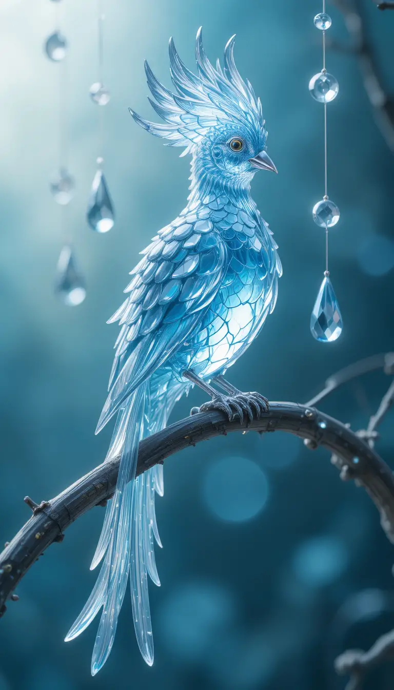 Oiseau de fantaisie en cristal perché sur une branche courbée