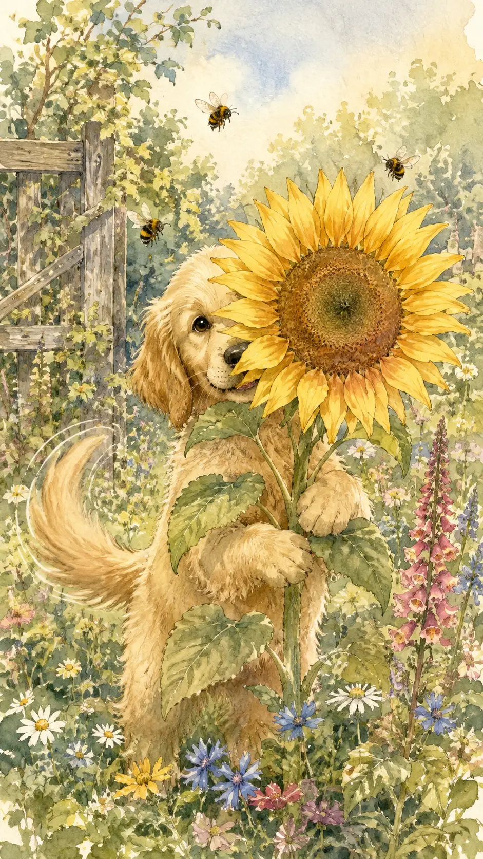 從巨大向日葵後面探出頭的活潑黃金獵犬小狗