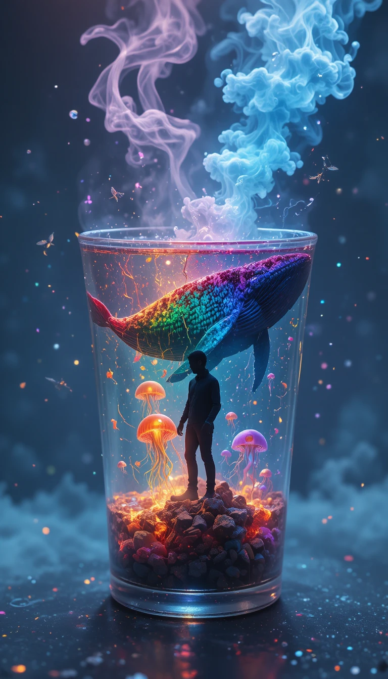 Surrealer Regenbogenwal, der aus einer Tasse auf einem Berg aufsteigt