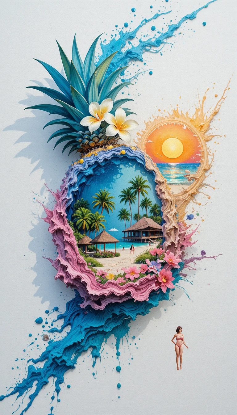 Surrealer Ananas mit tropischem Mikrokosmos auf Aquarellpapier