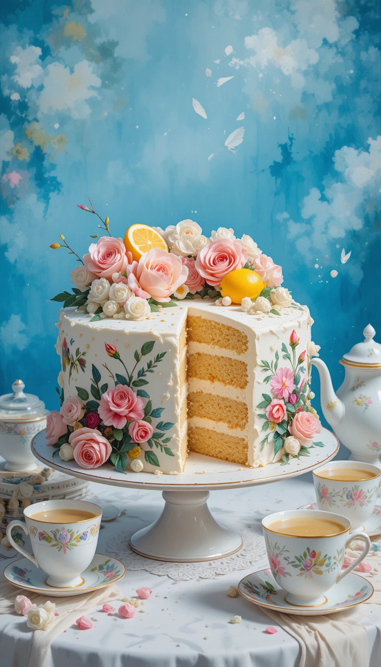 Elegant sponge cake with floral icing on white table