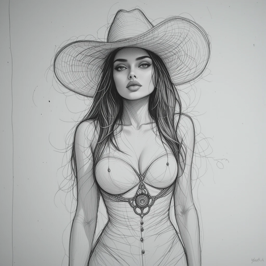 Cowgirl in detailed black and white pencil sketch portrait