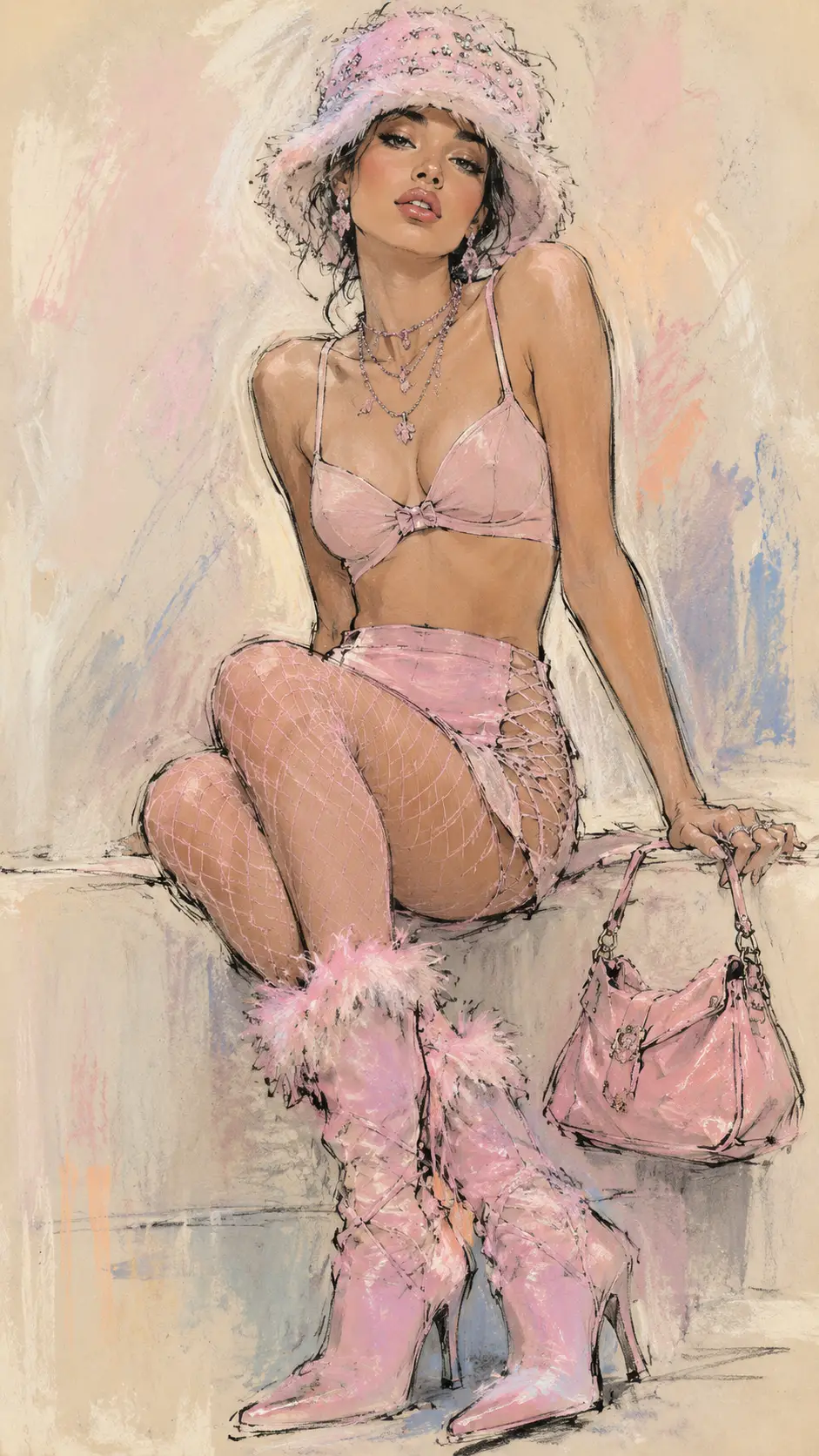 Pink fur bucket hat and mesh skirt fashion illustration