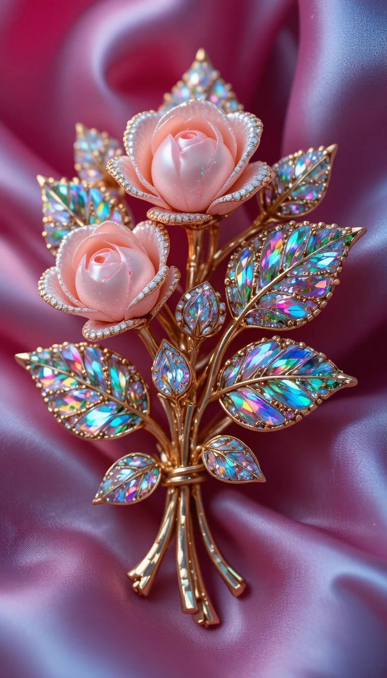 Goldene Rosenbrosche mit Diamanten auf seidigem Farbverlauf-Hintergrund