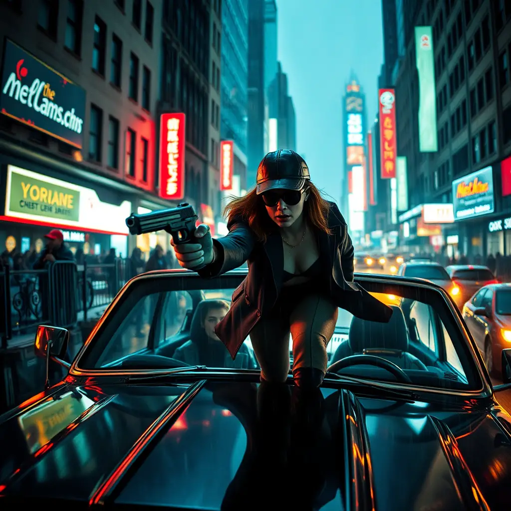 Hard boiled detective aiming pistol in neon cyberpunk street