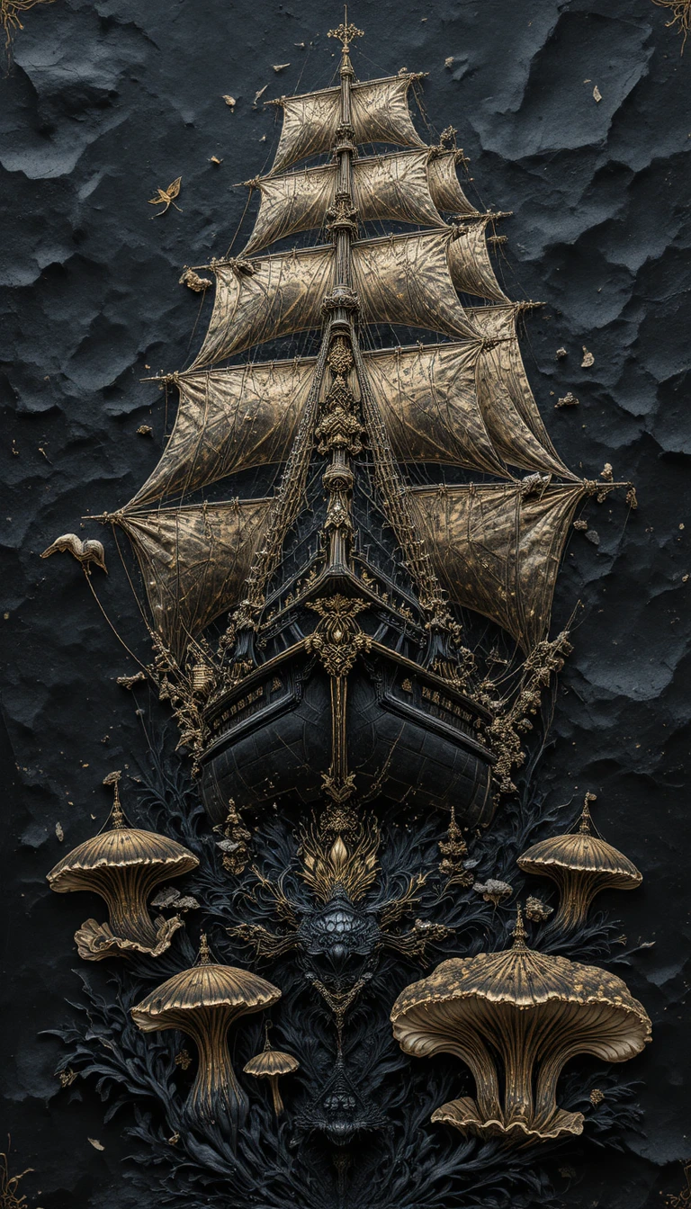 Close up graphite drawing of a black sailing ship