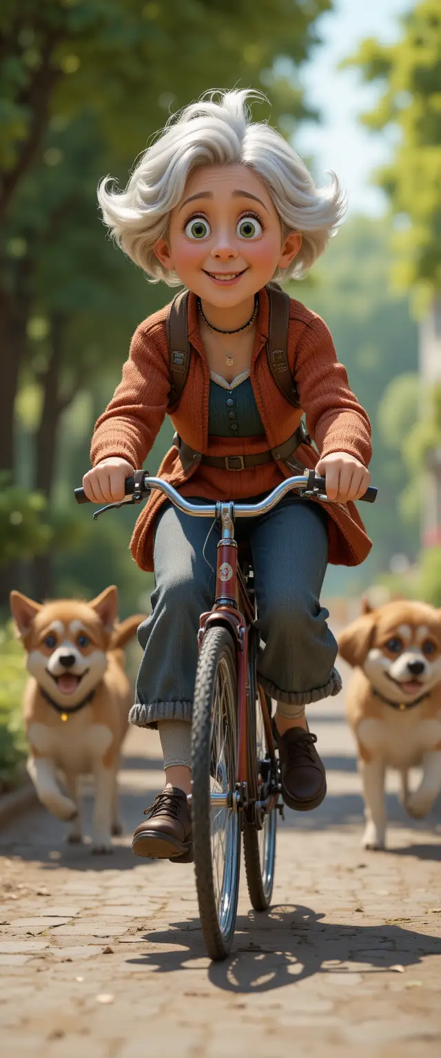 Pixar style nun riding a bicycle chased by playful dogs