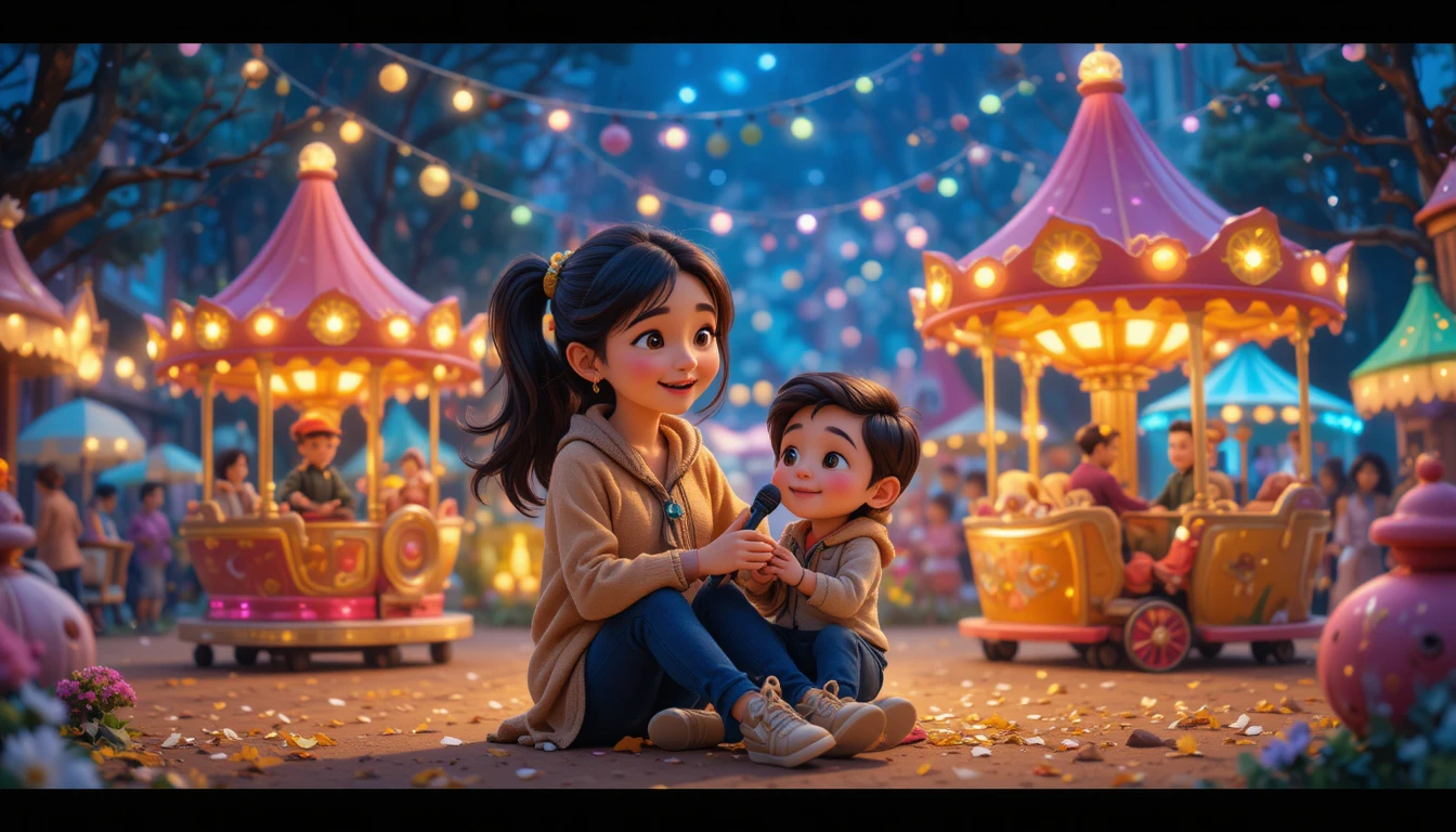 Mãe e filho brincando em um aconchegante parque de diversões à noite