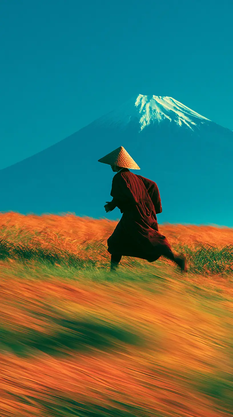 Japanischer Mönch läuft durch Gras mit dem Fuji im Hintergrund